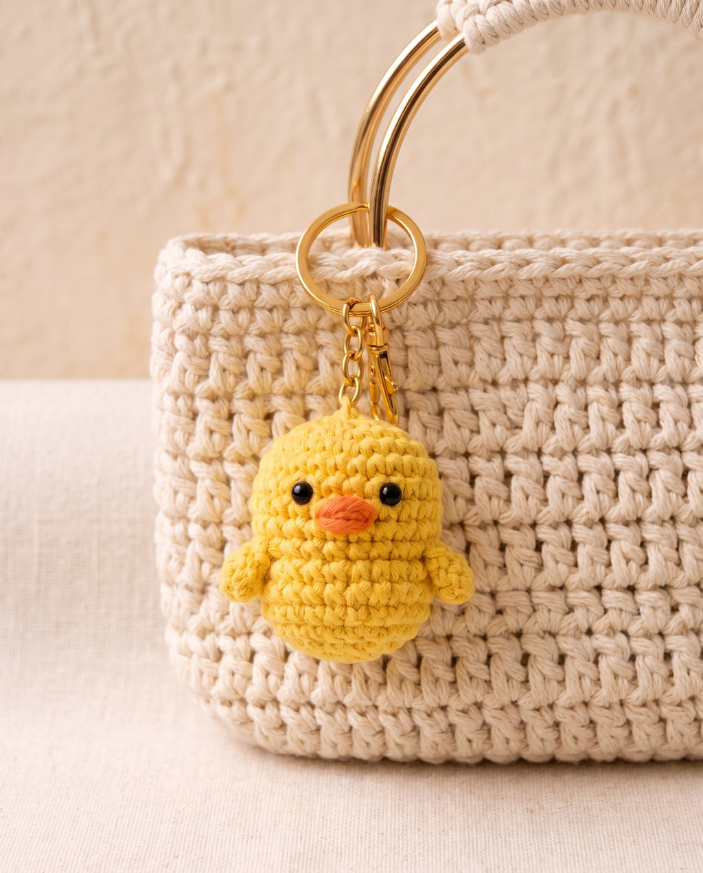 Crochet chick charm on a tote bag