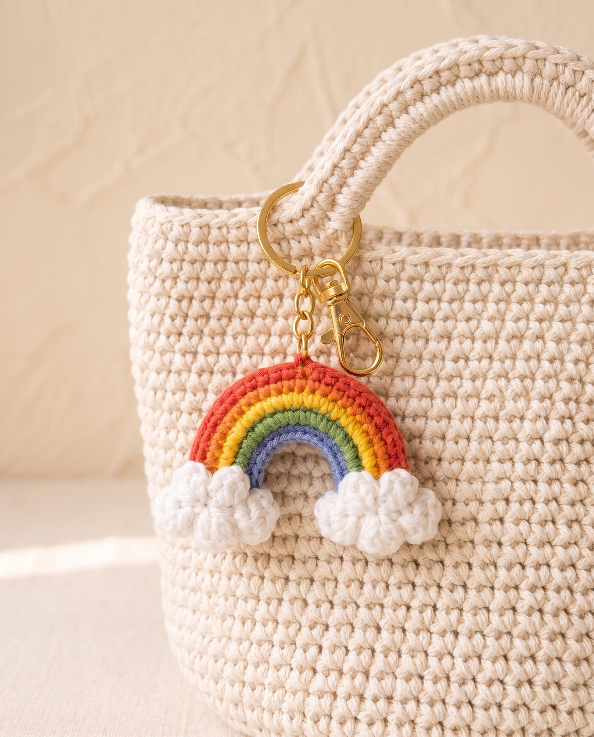 Crochet rainbow charm on a tote bag
