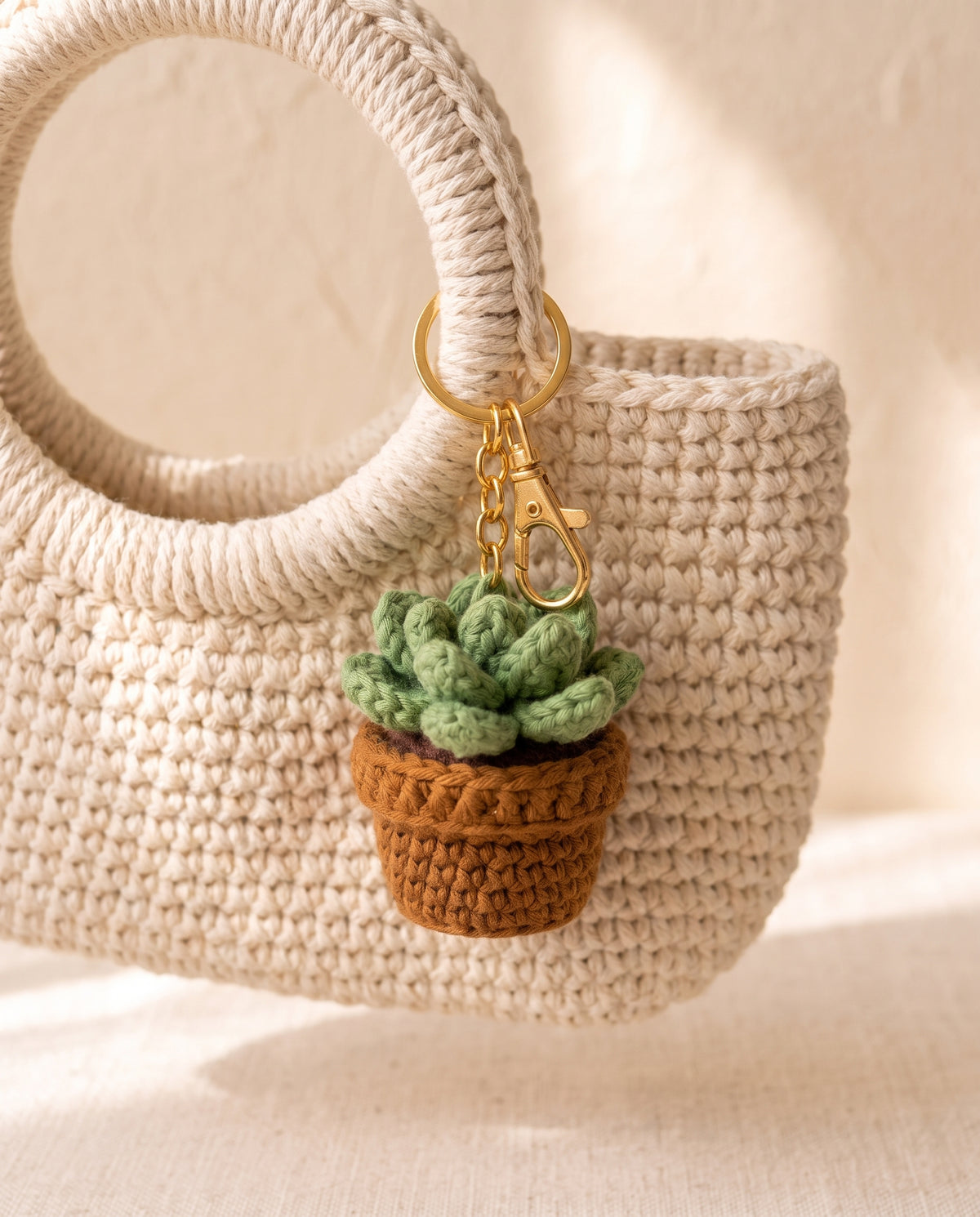Crochet succulent charm on a tote bag