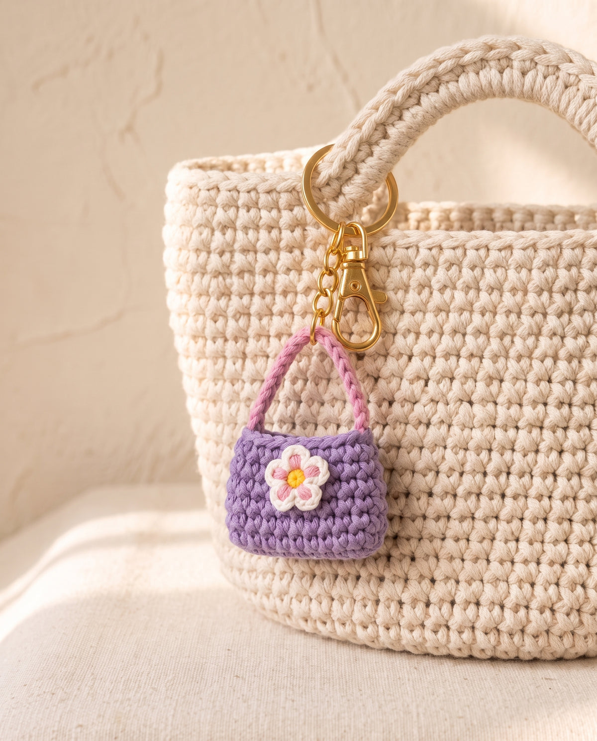 Crochet mini bag charm on a tote bag