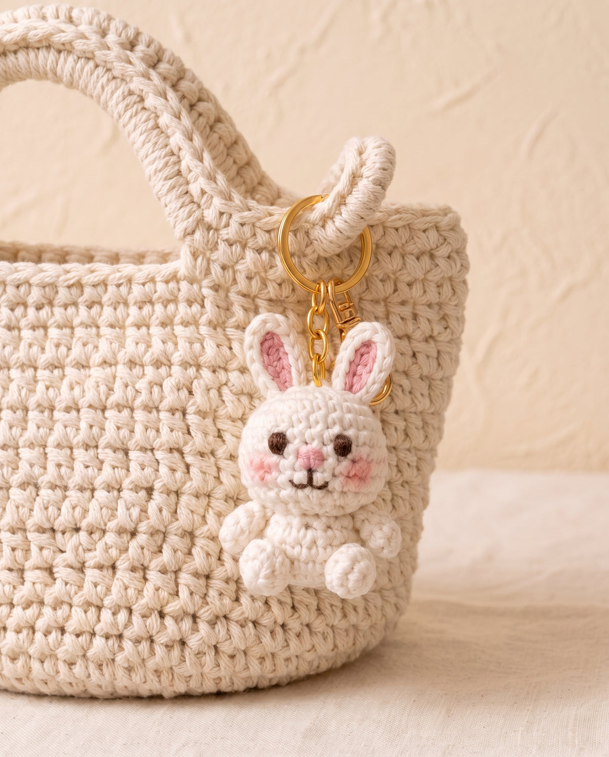 Crochet bunny charm on a tote bag