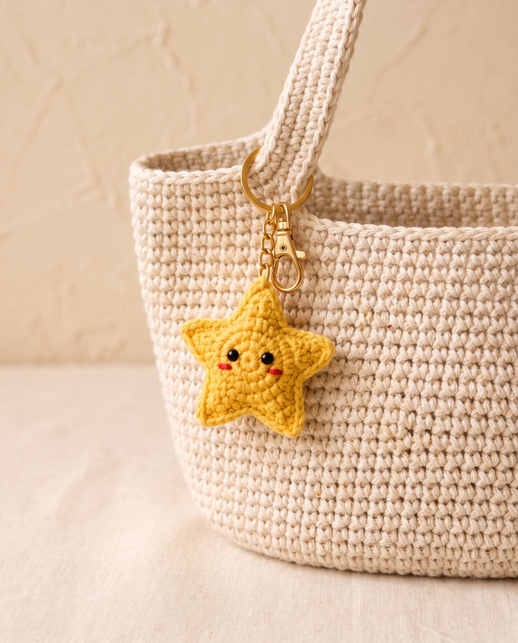 Crochet star charm on a tote bag