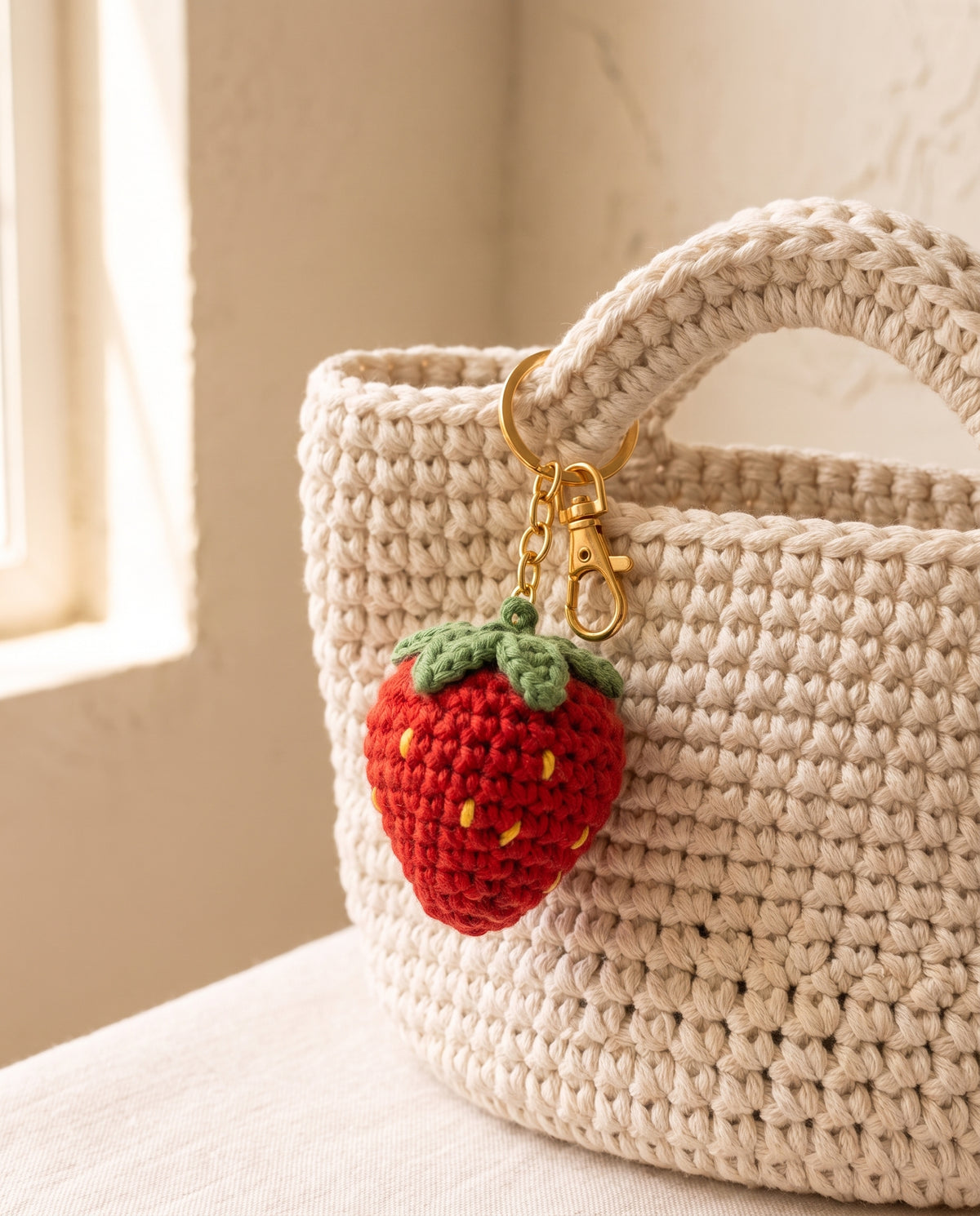 Crochet strawberry charm on a tote bag