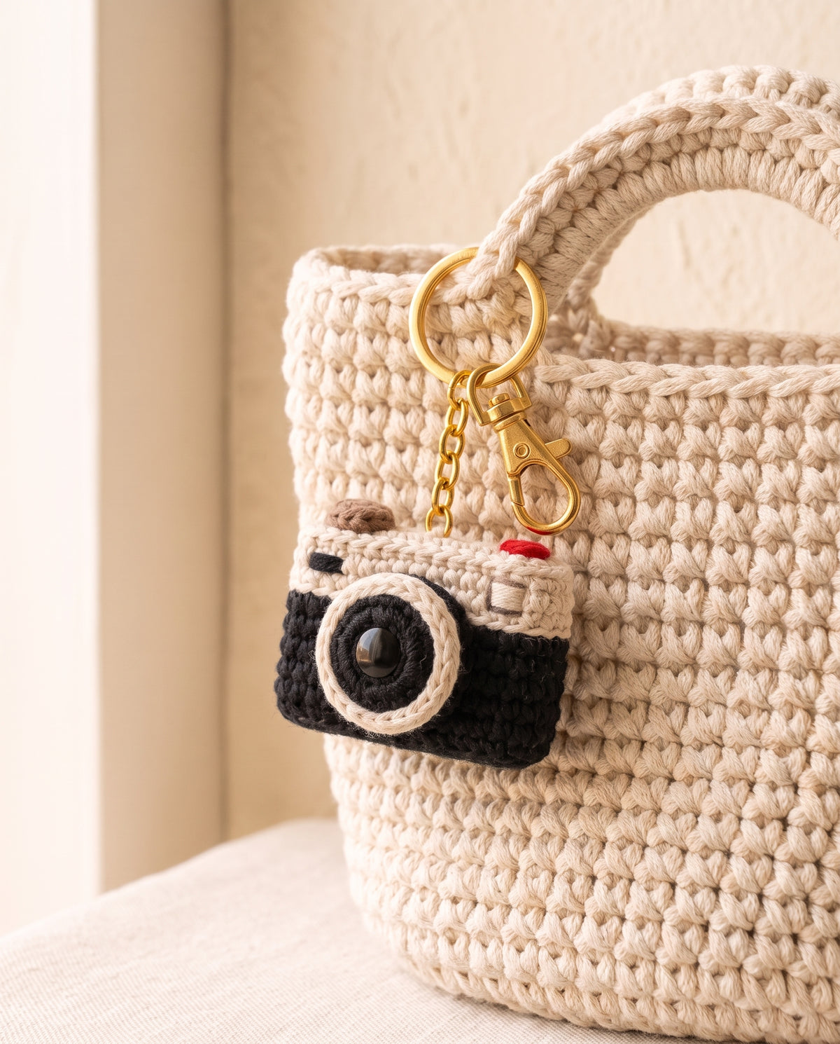 Crochet camera charm on a tote bag