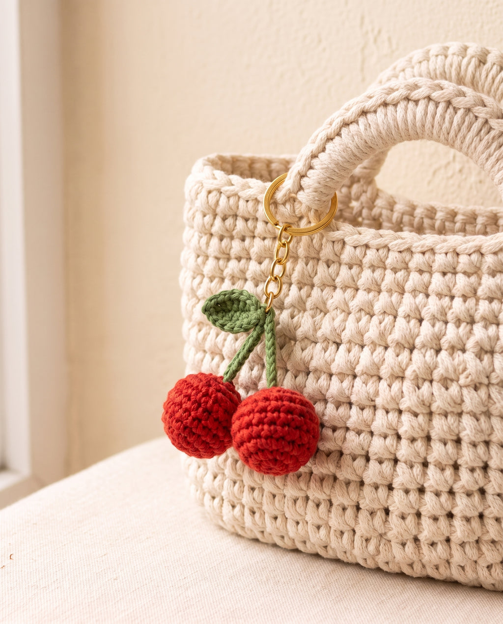 Crochet cherry charm on a tote bag