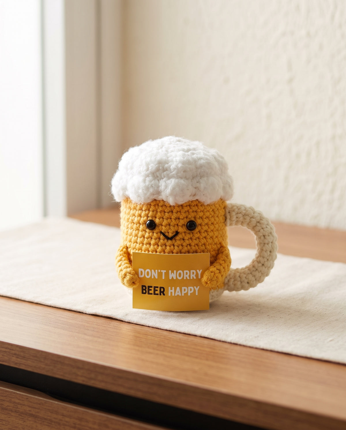 Crochet beer mug desk buddy holding a don't worry beer happy card