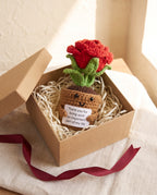Crochet rose pot desk buddy in a kraft gift box