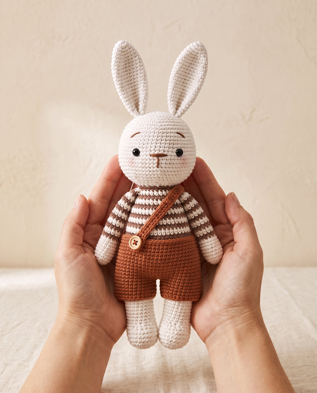 Crochet bunny doll held in two hands to show its size