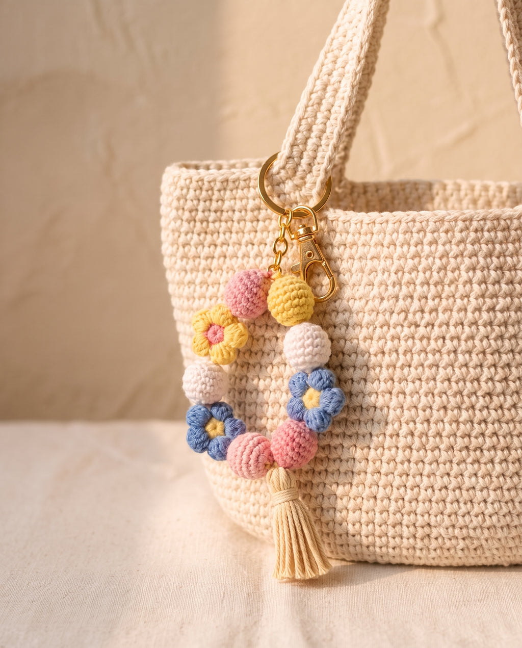 Crochet beaded strap charm on a tote bag