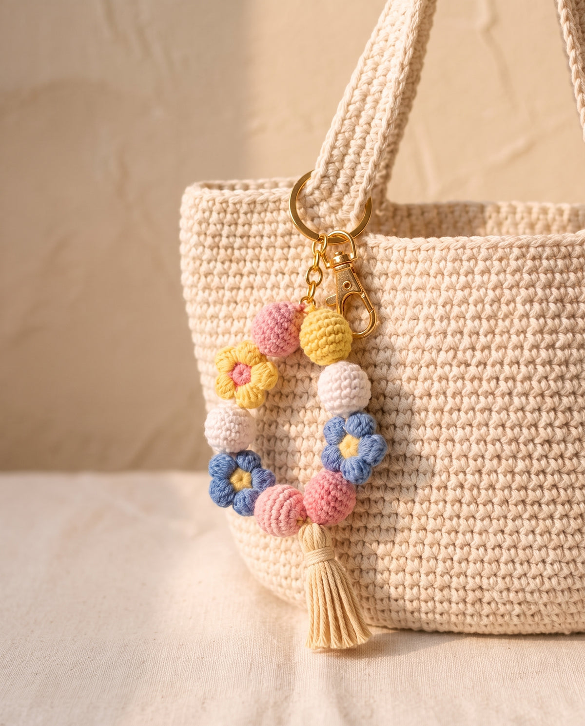 Crochet beaded strap charm on a tote bag