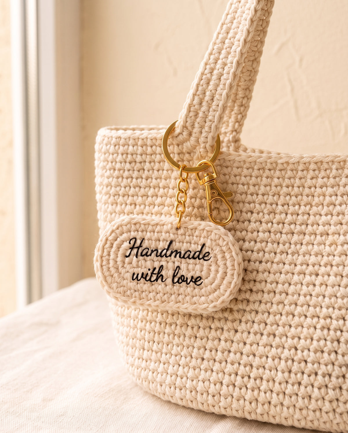 Crochet name tag charm on a tote bag