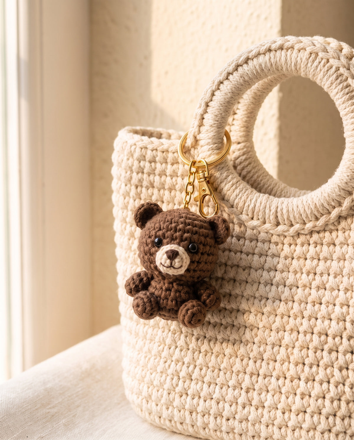 Crochet teddy bear charm on a tote bag