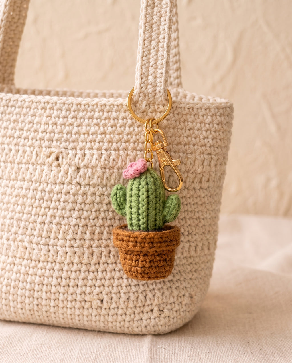 Crochet cactus charm on a tote bag
