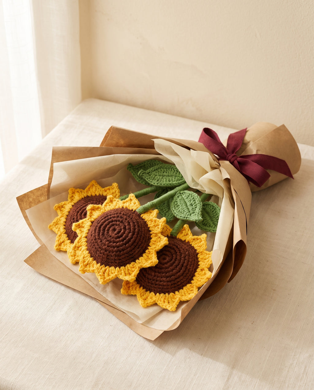 Wrapped bouquet of 3 crochet sunflowers