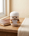 Crochet espresso cup desk buddy holding a words cannot espresso card