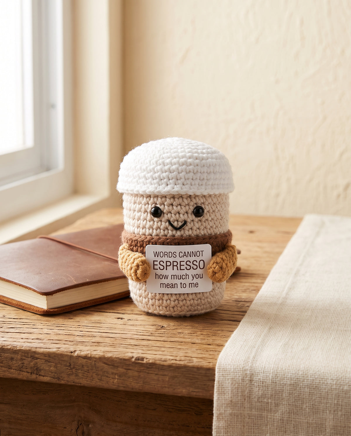Crochet espresso cup desk buddy holding a words cannot espresso card