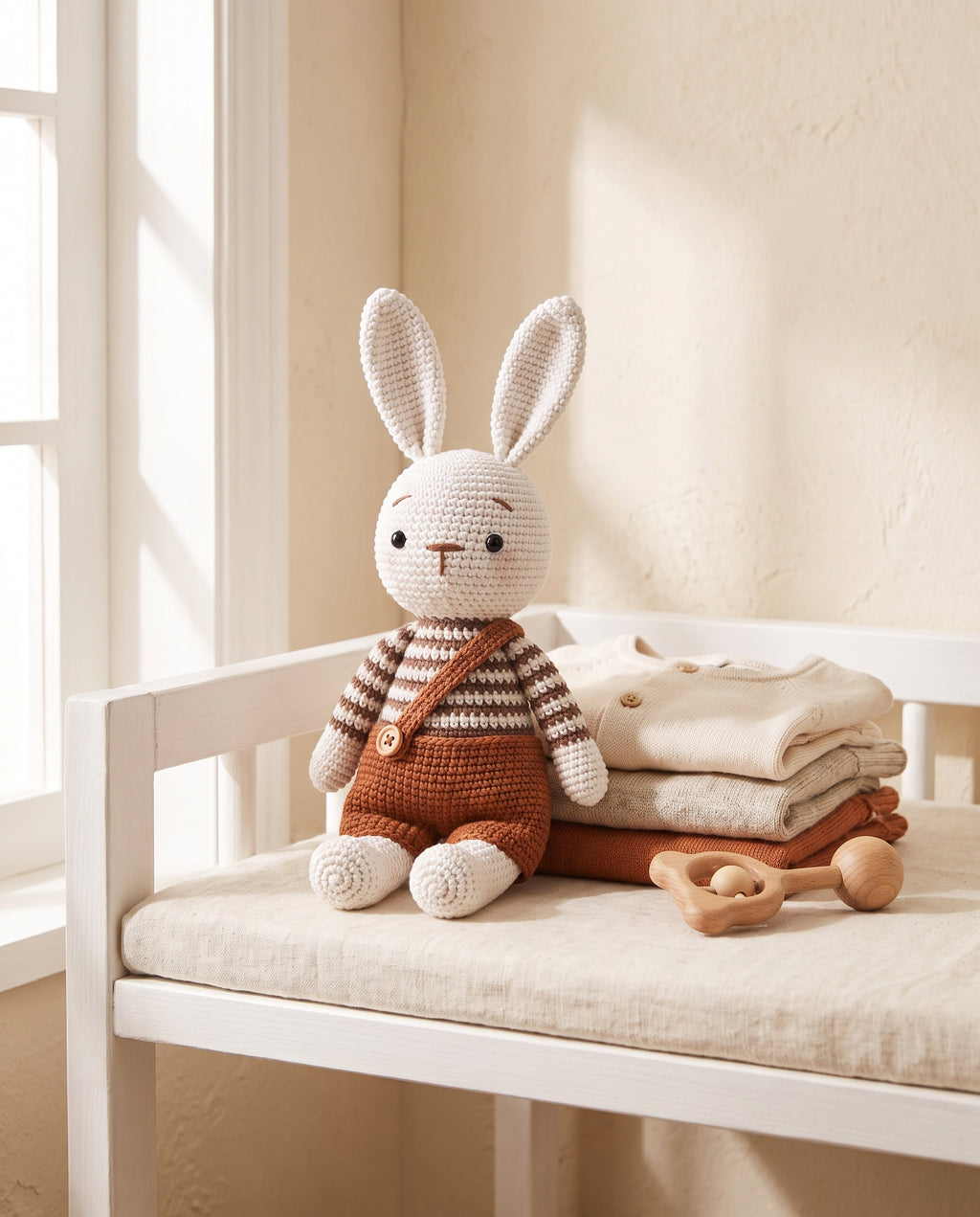 Crochet bunny doll on a nursery shelf