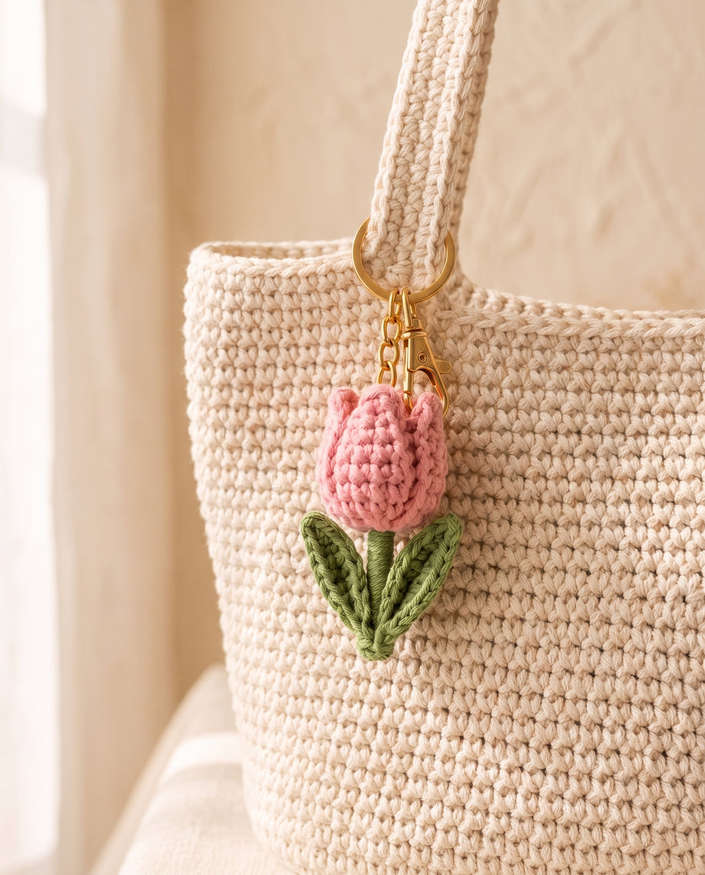 Crochet tulip charm on a tote bag