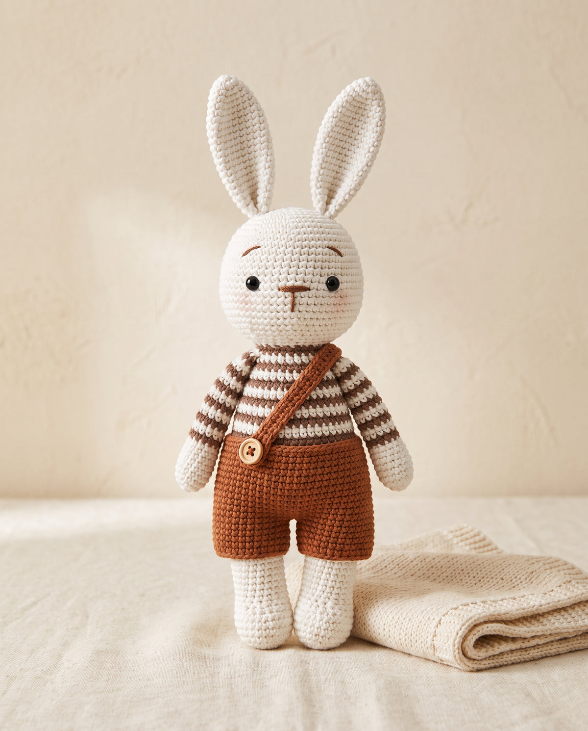 Hand-crocheted white bunny doll in a striped sweater and brown shorts
