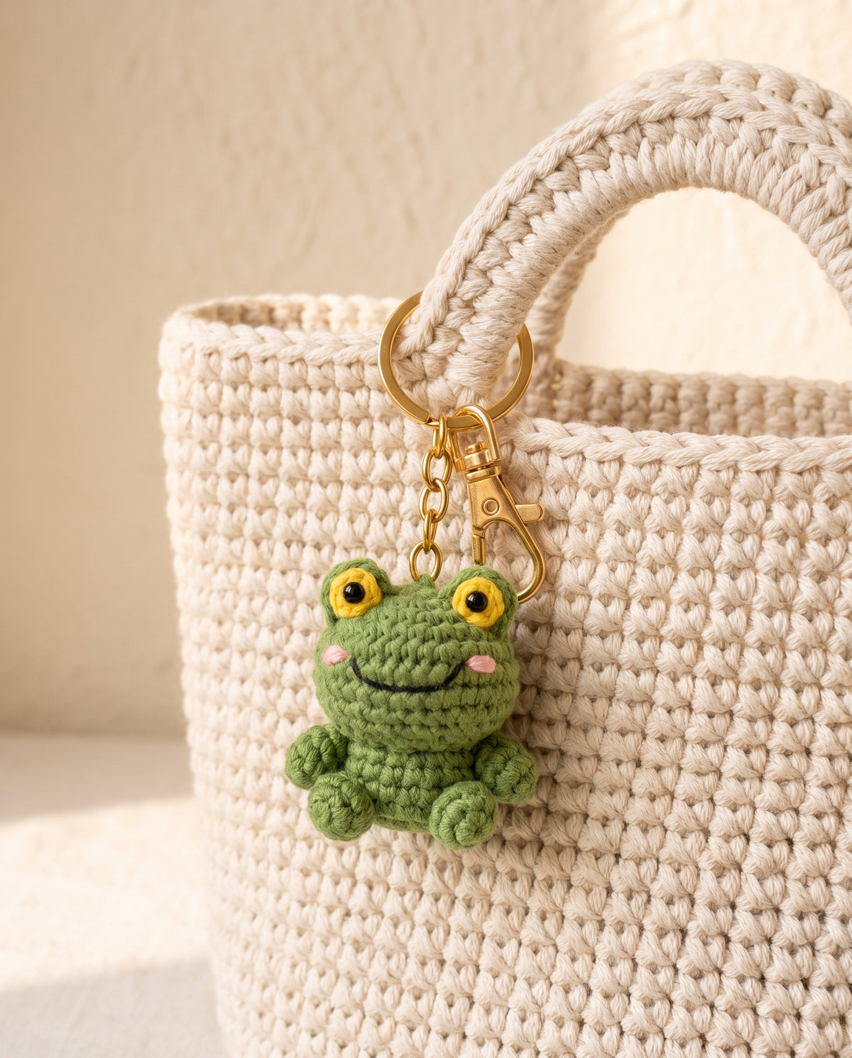 Crochet frog charm on a tote bag