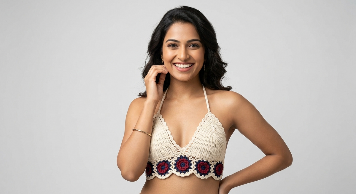 Ivory halter neck crochet crop top with red and navy granny square trim, handmade in Narsapuram