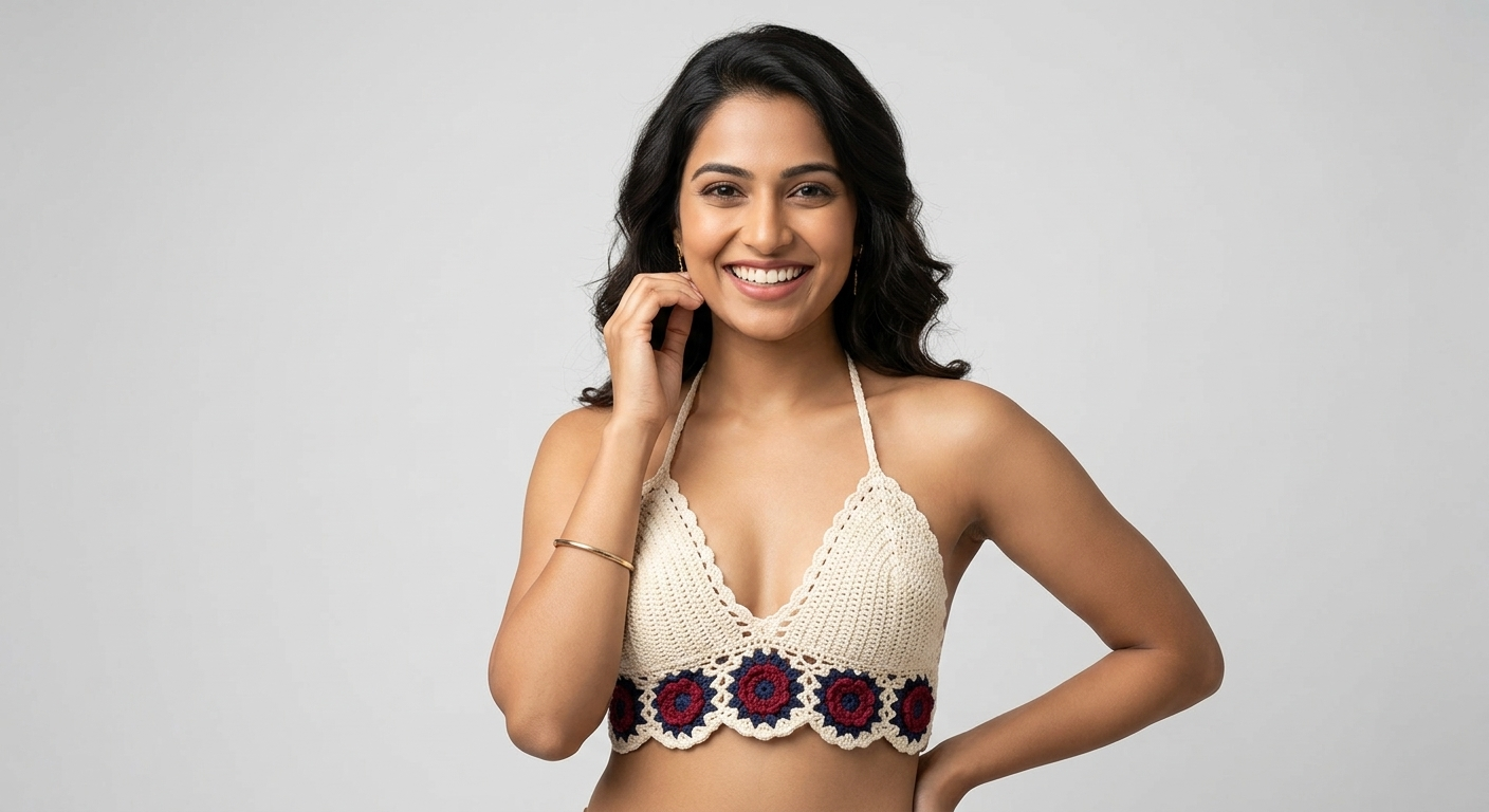 Ivory halter neck crochet crop top with red and navy granny square trim, handmade in Narsapuram