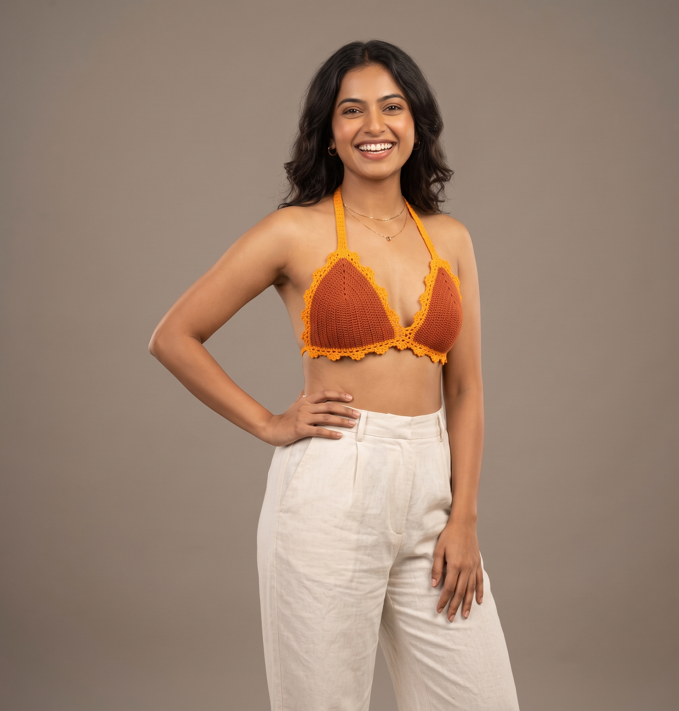 Rust Halter Neck Crochet Crop Top — view 2