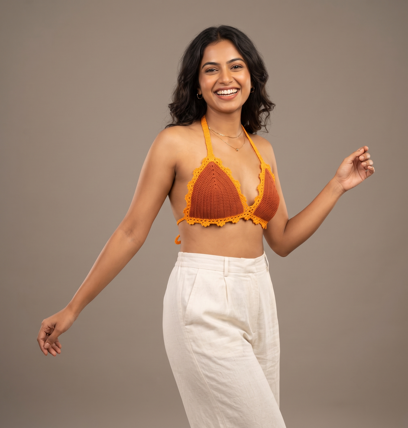Rust crochet halter crop top with mustard trim, handmade in Narsapuram