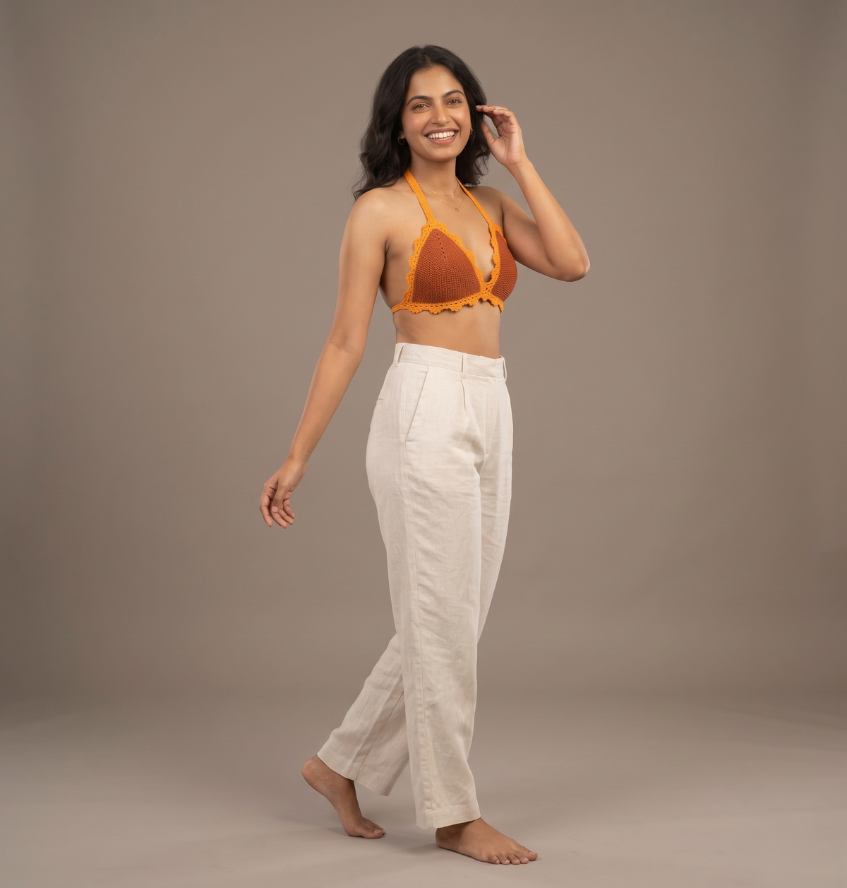 Rust Halter Neck Crochet Crop Top — view 4