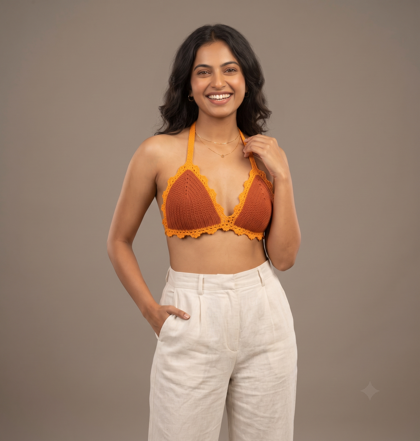 Rust Halter Neck Crochet Crop Top — view 3