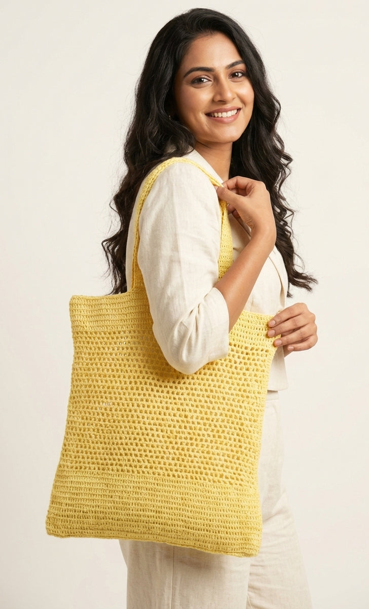 Yellow crochet cotton tote bag, handmade in Narsapuram
