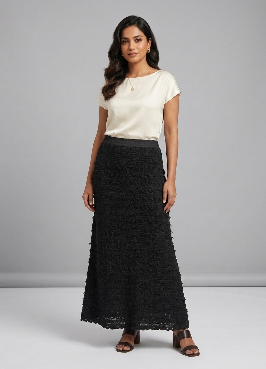 Black crochet maxi skirt with fringe texture and scalloped hem, handmade in Narsapuram