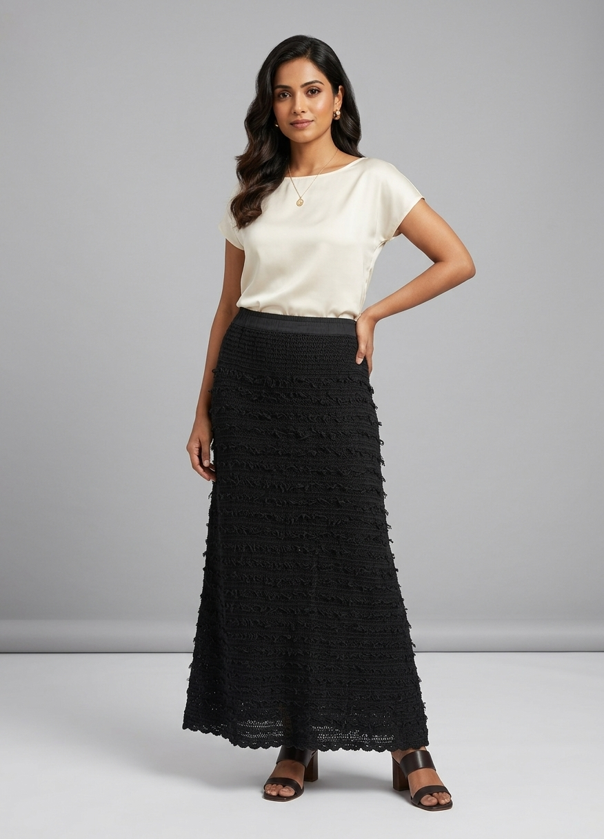 Black Fringe Crochet Maxi Skirt — view 4