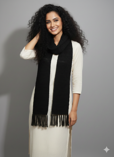 Black crochet scarf with fringe tassel edge, handmade in Narsapuram