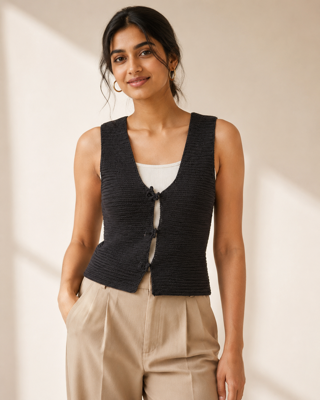 Black Crochet Vest - detail of crochet stitch pattern