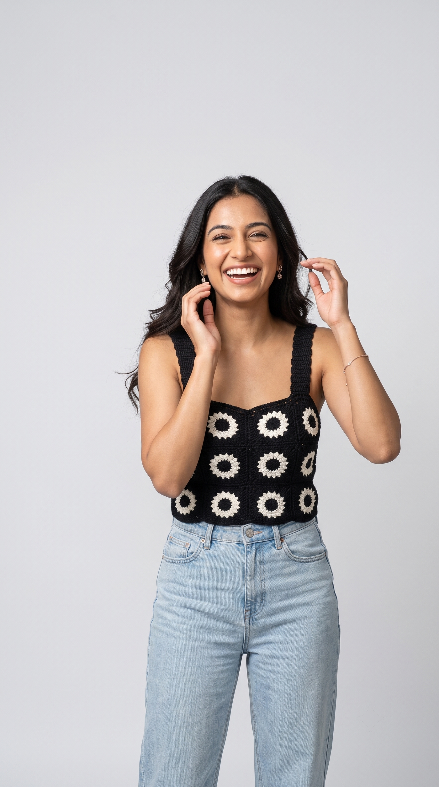 Black crochet crop top with cream floral granny squares, handmade in Narsapuram