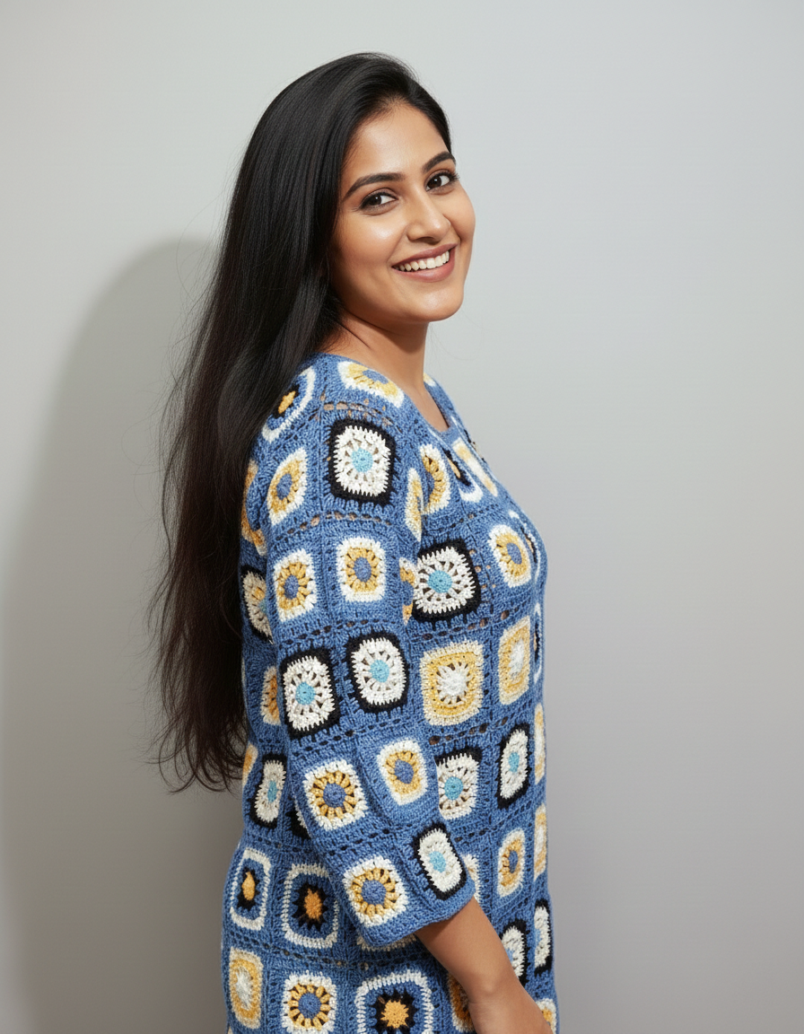 Handmade Floral Motif Crochet Top Three-Quarter Sleeve | Blue