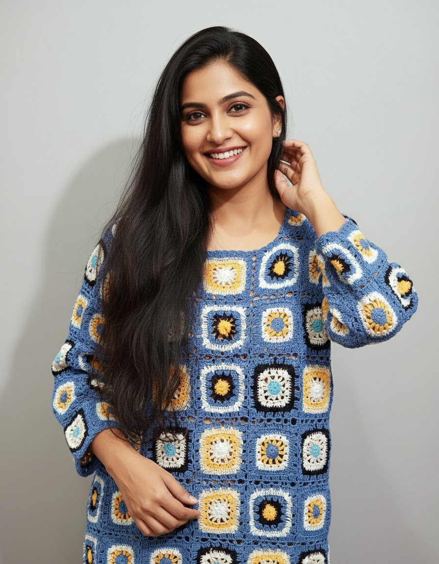 Handmade Floral Motif Crochet Top Three-Quarter Sleeve | Blue