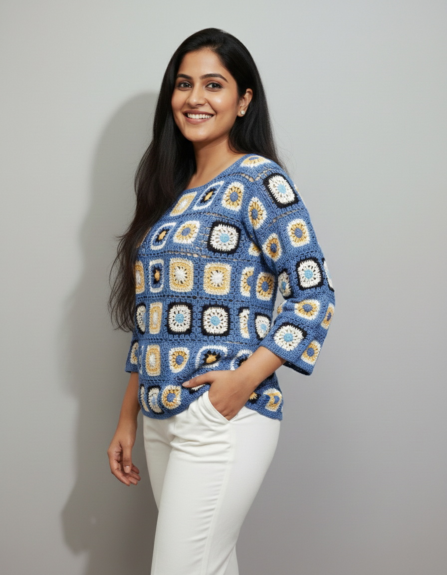 Handmade Floral Motif Crochet Top Three-Quarter Sleeve | Blue