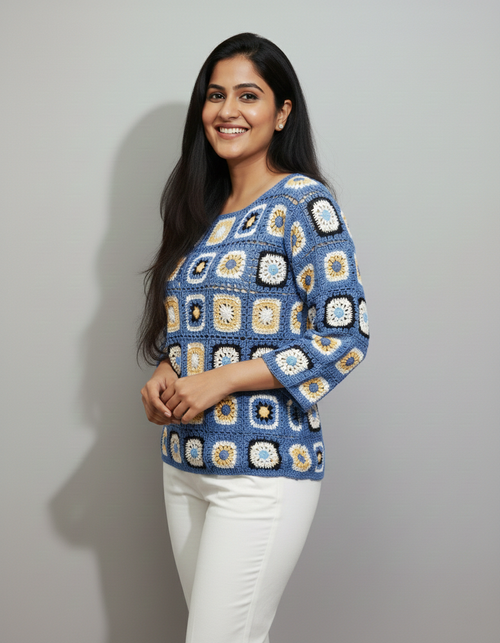 Denim blue crochet top with floral motifs and three-quarter sleeves, handmade in Narsapuram