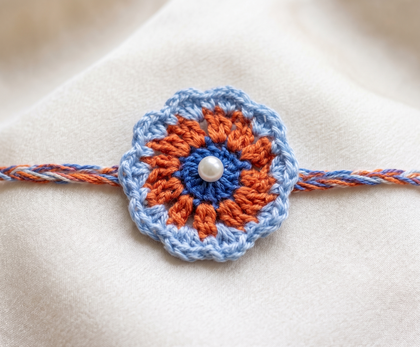 Handmade blue and orange crochet mandala rakhi with pearl centre for Raksha Bandhan