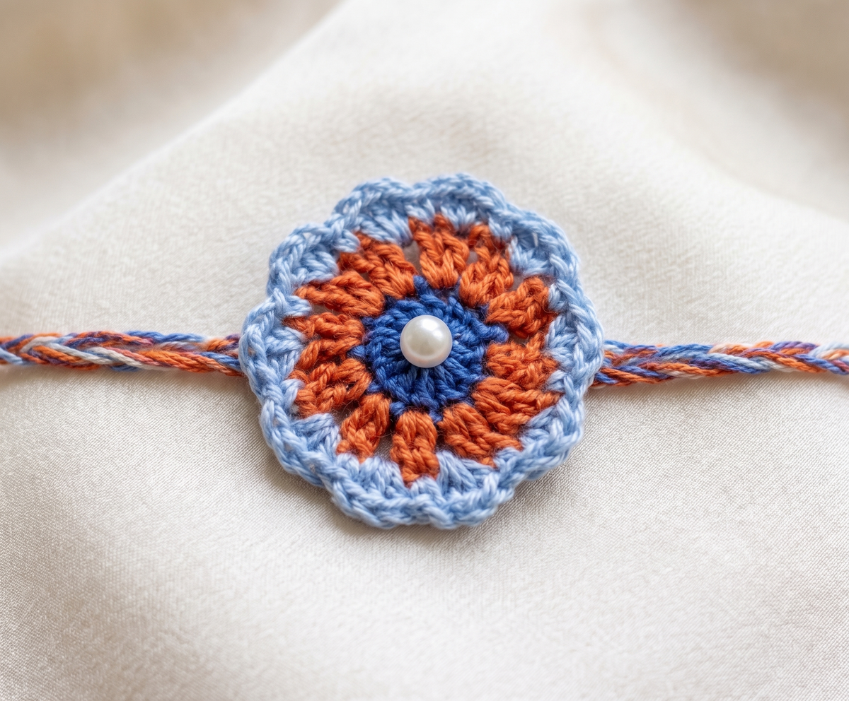 Handmade blue and orange crochet mandala rakhi with pearl centre for Raksha Bandhan