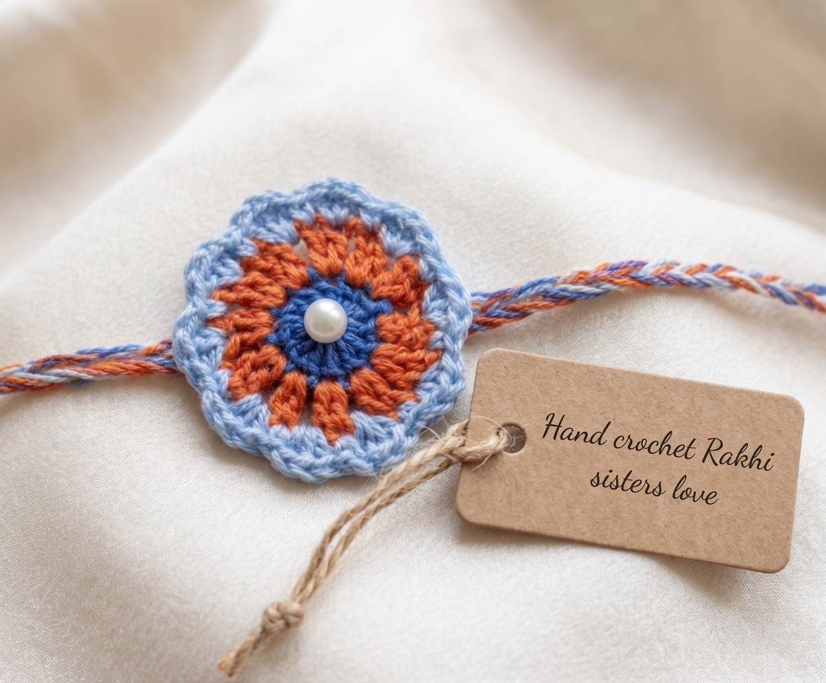 Handmade blue and orange crochet mandala rakhi with pearl centre for Raksha Bandhan