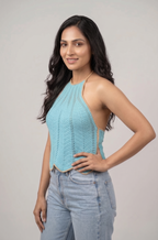 Teal Crochet Scallop Halter Top — view 3