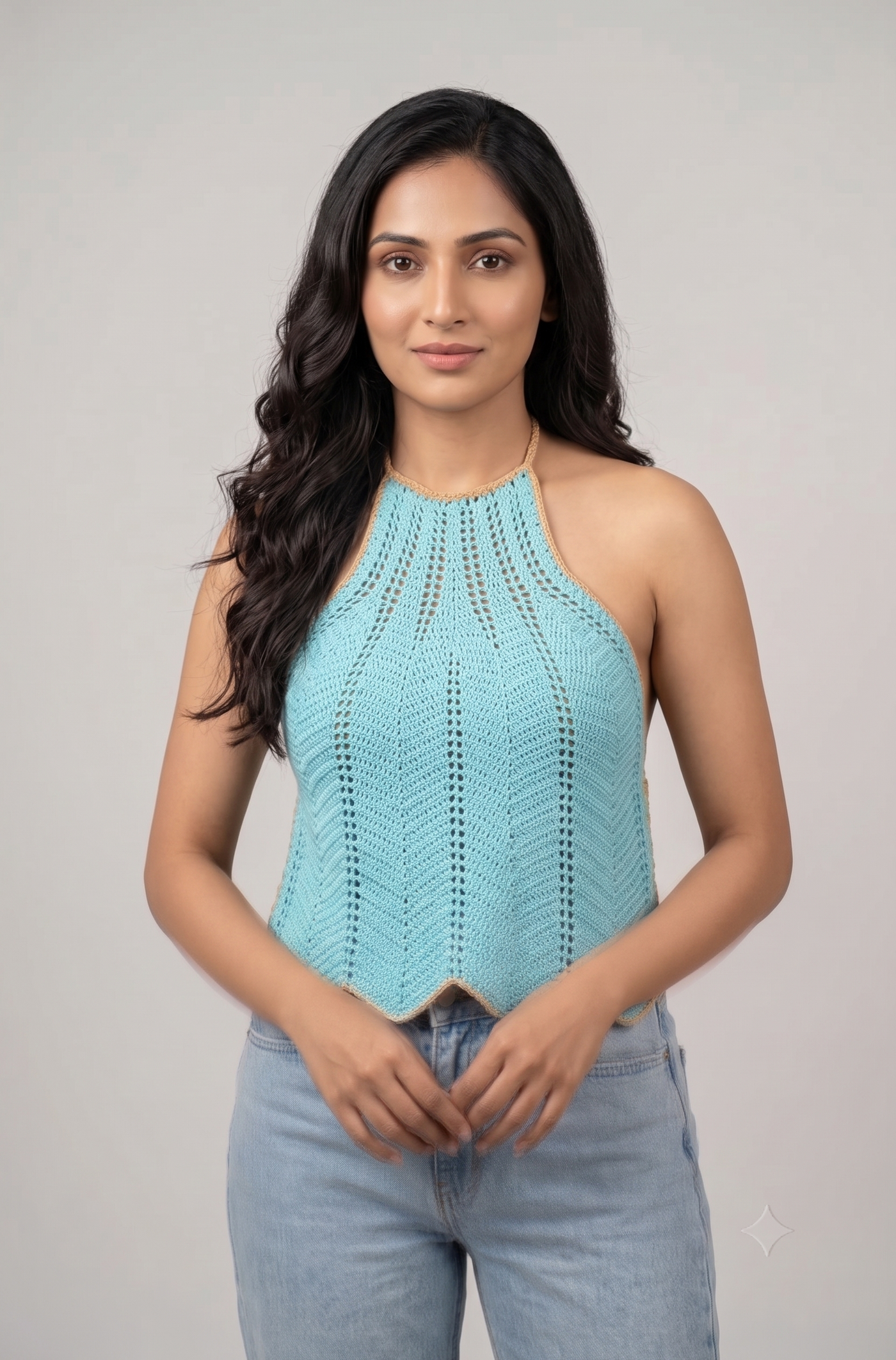 Teal Crochet Scallop Halter Top — view 2