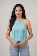 Teal Crochet Scallop Halter Top — view 2