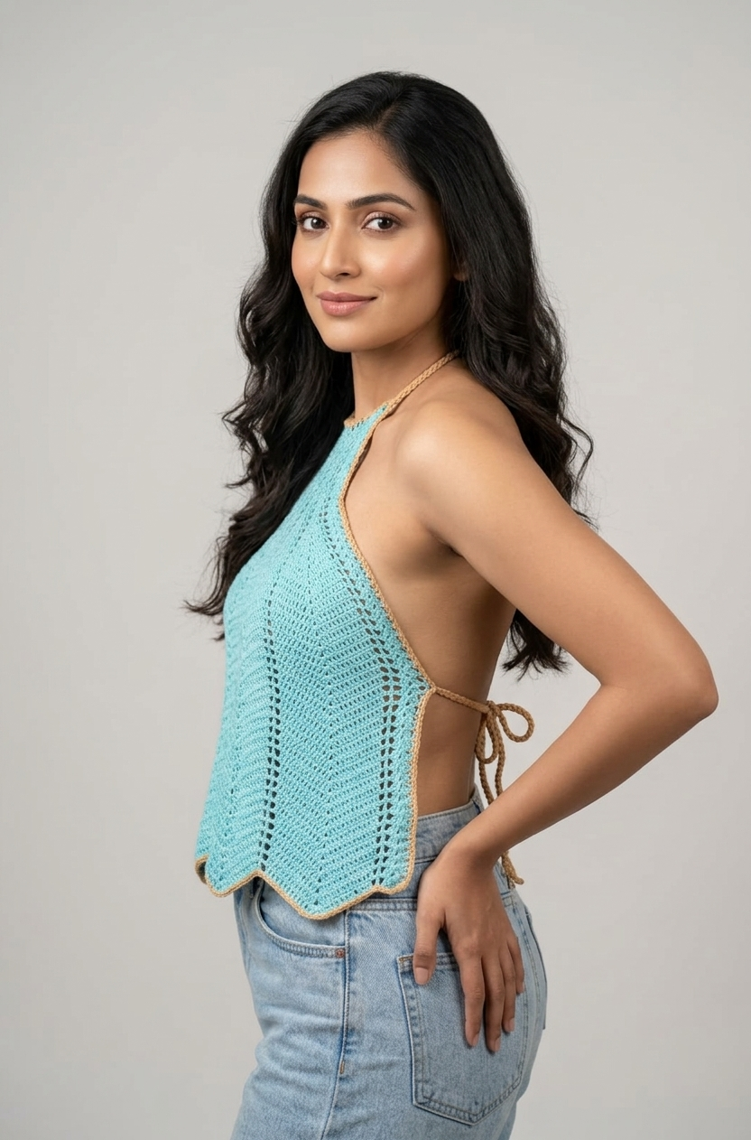 Sky blue backless crochet halter top with tan tie and scalloped hem, handmade in Narsapuram
