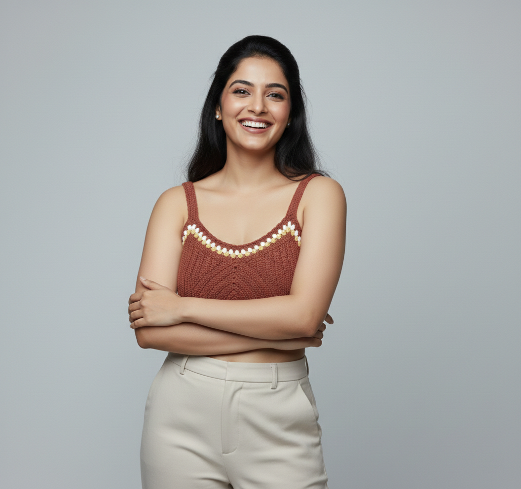 Handmade Crochet Crop Top with Floral Trim | Brown