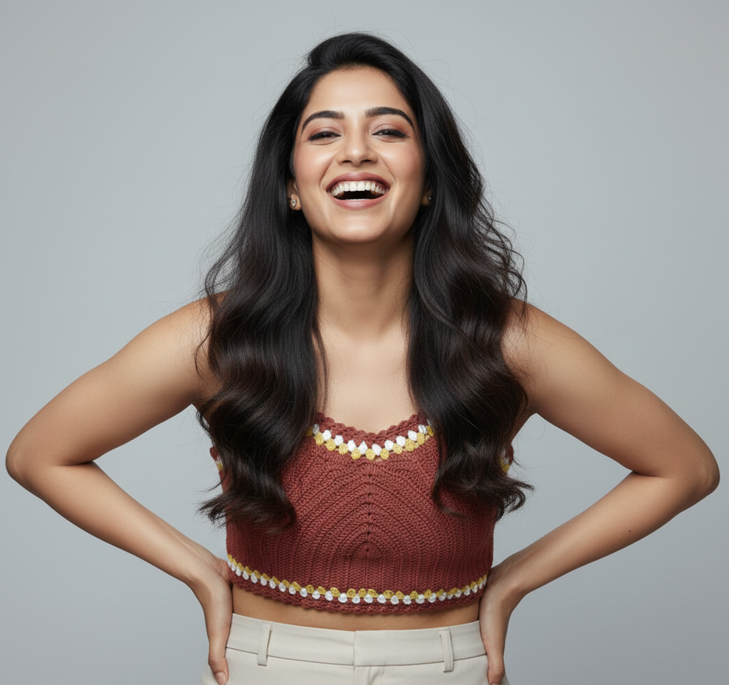 Handmade Crochet Crop Top with Floral Trim | Brown