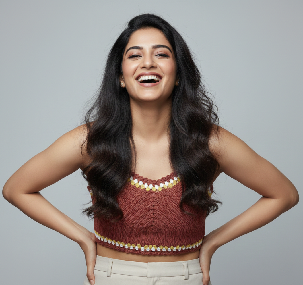 Handmade Crochet Crop Top with Floral Trim | Brown